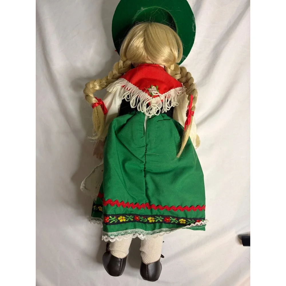 Vintage Porcelain German Alpine Folk Doll Blonde Braids Green Dirndl Outfit 16in